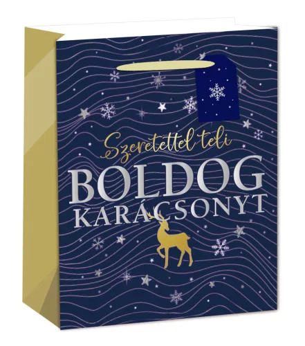 PAPÍRTASAK MATT, EZÜST FÉNYES NYOMÁSSAL, KÁRTYÁVAL, KÉK, SZERETETTEL TELI BOLDOG KARÁCSONYT FELIRAT, SZARVAS