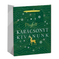   PAPÍRTASAK MATT, EZÜST FÉNYES NYOMÁSSAL, KÁRTYÁVAL, KÉK, MEGHITT KARÁCSONYT KÍVÁNUNK FELIRAT, SZARVAS