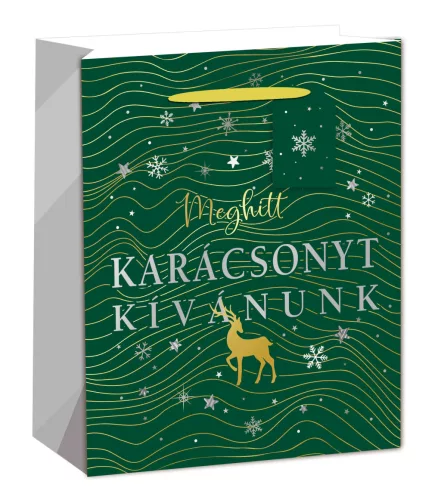 PAPÍRTASAK MATT, EZÜST FÉNYES NYOMÁSSAL, KÁRTYÁVAL, KÉK, MEGHITT KARÁCSONYT KÍVÁNUNK FELIRAT, SZARVAS