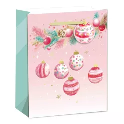   PAPÍRTASAK MATT, ARANY FÉNYES NYOMÁSSAL, KÁRTYÁVAL, RÓZSASZÍN ÉS PIROS GÖMB DÍSZEK