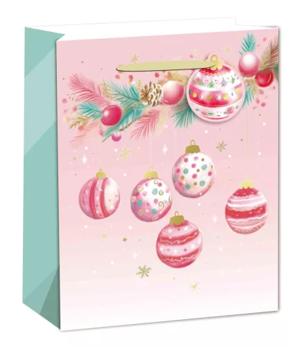 PAPÍRTASAK MATT, ARANY FÉNYES NYOMÁSSAL, KÁRTYÁVAL, RÓZSASZÍN ÉS PIROS GÖMB DÍSZEK