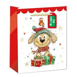   PAPÍRTASAK MATT, ARANY FÉNYES NYOMÁSSAL,KÁRTYÁVAL, NO PEEKING!! FELIRAT, RAJZOLT KUTYA, MIKULÁS SAPKÁBAN, MADÁRRAL A FEJÉN, AJÁNDÉKOK