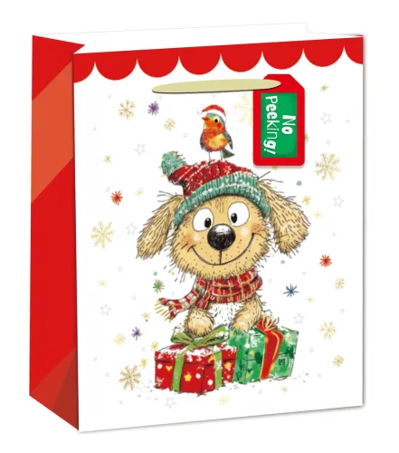 PAPÍRTASAK MATT, ARANY FÉNYES NYOMÁSSAL,KÁRTYÁVAL, NO PEEKING!! FELIRAT, RAJZOLT KUTYA, MIKULÁS SAPKÁBAN, MADÁRRAL A FEJÉN, AJÁNDÉKOK