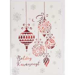   KÉPESLAP+BORÍTÉK, PIROS FÜGGŐ DÍSZEK,  BOLDOG KARÁCSONYT FELIRAT