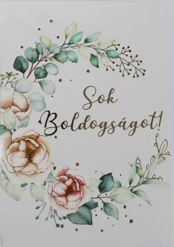 KÉPESLAP, ARANY FÉNYES NYOMÁSSAL, RÓZSA LEVELEKKEL, SOK BOLDOGSÁGOT! FELIRAT