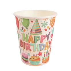   PARTY PAPÍR POHÁR, 10 DARABOS, HAPPY BIRTHDAY FELIRATTAL, SÜTEMÉNY ÉS LUFIK