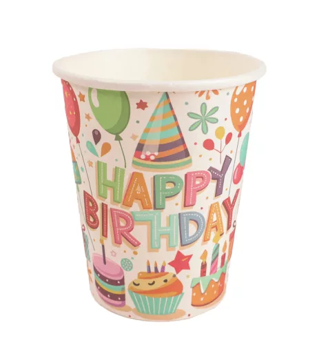 PARTY PAPÍR POHÁR, 10 DARABOS, HAPPY BIRTHDAY FELIRATTAL, SÜTEMÉNY ÉS LUFIK