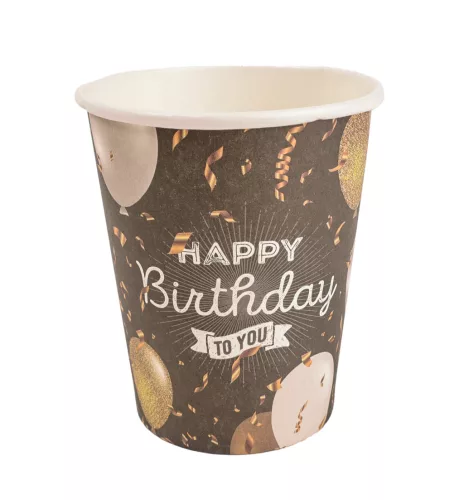 PARTY PAPÍR POHÁR, 10 DARABOS, HAPPY BIRTHDAY FELIRATTAL, ARANY FEKETE