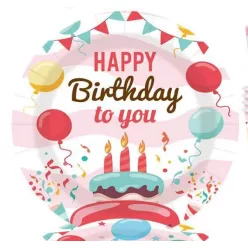   PARTY PAPÍR TÁNYÉR, 10 DARABOS, HAPPY BIRTHDAY FELIRATTAL, TORTÁS