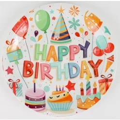   PARTY PAPÍR TÁNYÉR, 10 DARABOS, HAPPY BIRTHDAY FELIRATTAL, SÜTEMÉNY ÉS LUFIK