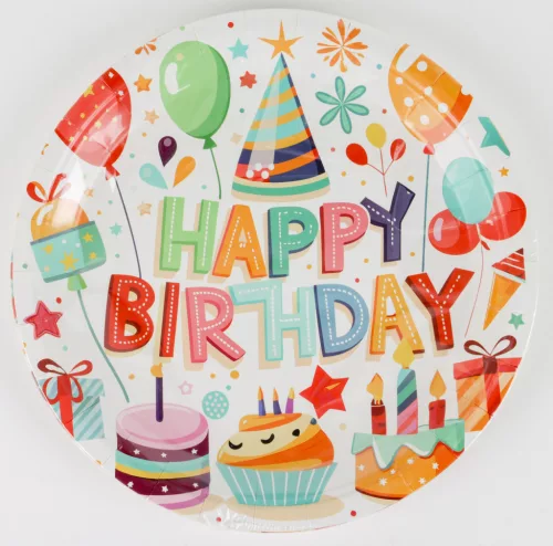 PARTY PAPÍR TÁNYÉR, 10 DARABOS, HAPPY BIRTHDAY FELIRATTAL, SÜTEMÉNY ÉS LUFIK