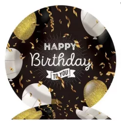   PARTY PAPÍR TÁNYÉR, 10 DARABOS, HAPPY BIRTHDAY FELIRATTAL, ARANY FEKETE