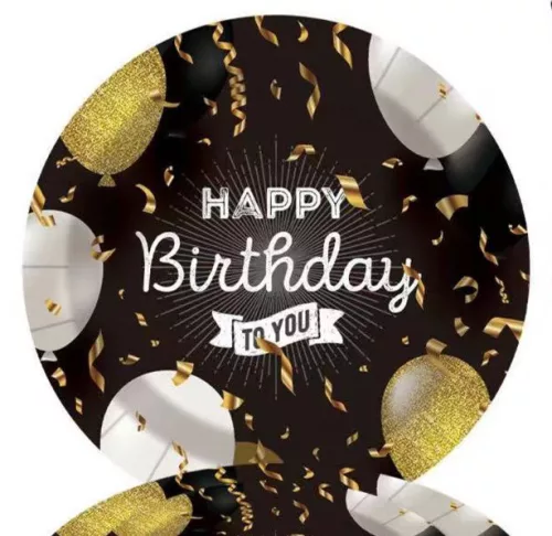 PARTY PAPÍR TÁNYÉR, 10 DARABOS, HAPPY BIRTHDAY FELIRATTAL, ARANY FEKETE