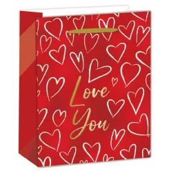   PAPÍRTASAK MATT, ARANY FÉNYES NYOMÁSSAL, PIROS, FEHÉR SZÍVEKKEL,  LOVE YOU  FELIRATTAL