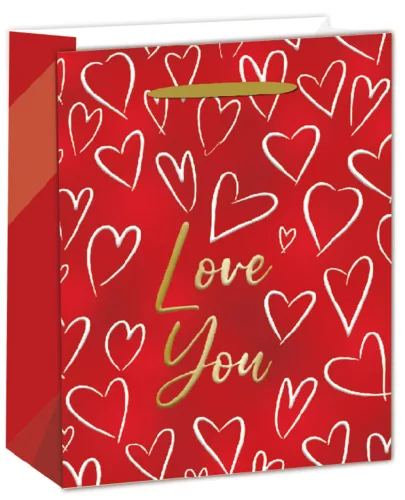 PAPÍRTASAK MATT, ARANY FÉNYES NYOMÁSSAL, PIROS, FEHÉR SZÍVEKKEL,  LOVE YOU  FELIRATTAL