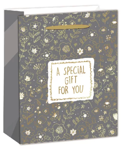 PAPÍRTASAK MATT, ARANY FÉNYES NYOMÁSSAL, VIRÁG MINTÁS,  A SPECIAL GIFT FOR YOU  FELIRATTAL