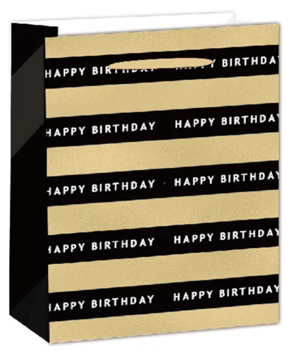 PAPÍRTASAK MATT, HOLOGRAFIKUS ARANY FÉNYES NYOMÁSSAL, FEKETE ÉS ARANY SÁVOK,  HAPPY BIRTHDAY  FELIRATTAL