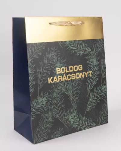 PAPÍRTASAK BOROS MATT, ARANY FÉNYES NYOMÁSSAL, ZÖLD FENYŐÁGAK, BOLDOG KARÁCSONYT FELIRAT