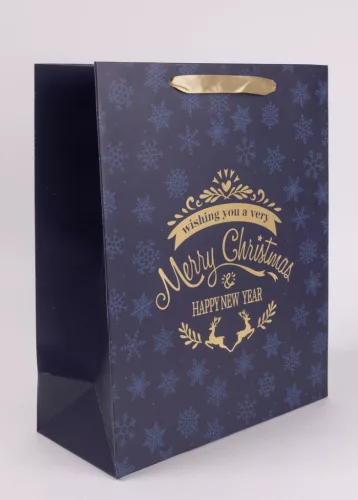 PAPÍRTASAK MATT, ARANY FÉNYES, DOMBOR NYOMÁSSAL  WHISING YOU A VERY MERRY CHRISTMAS FELIRAT, KÉK ÉS ARANY