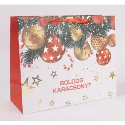   PAPÍRTASAK MATT, ARANY FÉNYES NYOMÁSSAL, ARANY ÉS PIROS DÍSZEK,  BOLDOG KARÁCSONYT FELIRAT