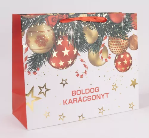 PAPÍRTASAK MATT, ARANY FÉNYES NYOMÁSSAL, ARANY ÉS PIROS DÍSZEK,  BOLDOG KARÁCSONYT FELIRAT