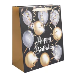   PAPÍRTASAK MATT, HAPPY BITHDAY FELIRATTAL, FEKETE ALAPON, ARANY/EZÜST LUFIK