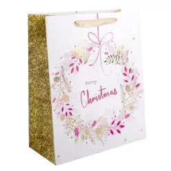   PAPÍRTASAK MATT, ARANY FÉNYES NYOMÁSSAL, MERRY CHRISTMAS FELIRATTAL, FEHÉR/RÓZSASZÍN KOPOGTATÓ