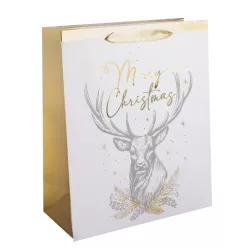   PAPÍRTASAK MATT, ARANY FÉNYES NYOMÁSSAL, MERRY CHRISTMAS FELIRATTAL, RÉNSZARVAS FEJ, FEHÉR