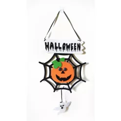   HALLOWEEN DEKORÁCIÓ, AKASZTÓS, FILC PÓKHÁLÓ, TÖKKEL ÉS SZELLEMMEL, FEKETE NARANCSSÁRGA FEHÉR