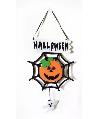 HALLOWEEN DEKORÁCIÓ, AKASZTÓS, FILC PÓKHÁLÓ, TÖKKEL ÉS SZELLEMMEL, FEKETE NARANCSSÁRGA FEHÉR