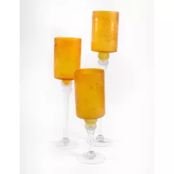   ÜVEG MÉCSESTARTÓ KEHELY, SZETTBEN, 3 DARAB, HOMOKFÚJT, AMBER SÁRGA