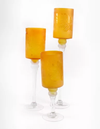 ÜVEG MÉCSESTARTÓ KEHELY, SZETTBEN, 3 DARAB, HOMOKFÚJT, AMBER SÁRGA