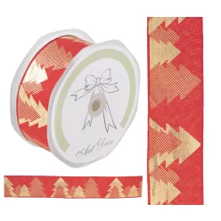 SZALAG, TEXTIL, FENYŐFA MINTÁS, PIROS