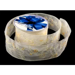 SZALAG ORGANZA, HÍMZETT, VIRÁGOS, FEHÉR-NARANCSSÁRGA