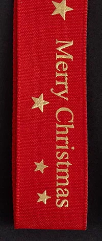 SZALAG VÁSZON, MERRY CHRISTMAS FELIRATTAL, CSILLAGOS, PIROS