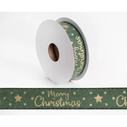 SZALAG, TEXTIL, MERRY CHRISTMAS FELIRATTAL, ZÖLD