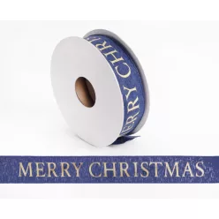 SZALAG, TEXTIL, MERRY CHRISTMAS FELIRATTAL, KÉK