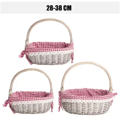   KOSÁR, SZETTBEN, 3 DARABOS, OVÁLIS ALAKÚ, FÜLLEL, TEXTIL BÉLÉSSEL, PIROS KOCKÁS