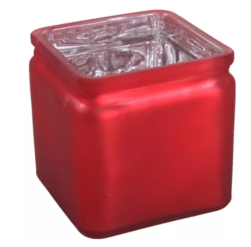 ÜVEG MÉCSESTARTÓ KOCKA METÁL PIROS