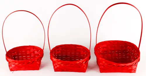 BAMBUSZ KOSÁR, FÜLLEL, 3 DARABOS SZETT, OVÁLIS, PIROS