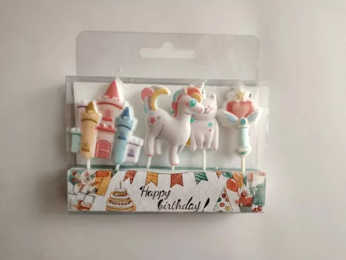 SZÜLETÉSNAPI GYERTYA, 4 DARABOS SZETT, UNIKORNIS, KASTÉLY, MACSKA, MADÁR