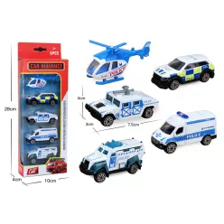   FÉM RENDŐRSÉGI JÁRMŰVEK, SZETTBEN, 5 DARAB KÉK/FEHÉR, 1:64