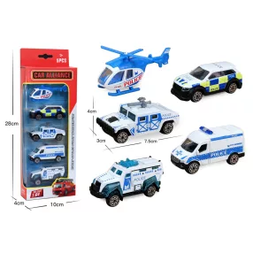   FÉM RENDŐRSÉGI JÁRMŰVEK, SZETTBEN, 5 DARAB KÉK/FEHÉR, 1:64