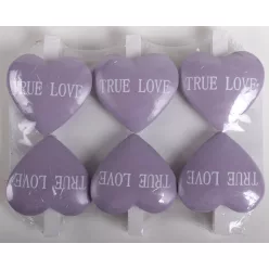   DEKOR FA CSIPESZ SZETT ZACSKÓBAN, POLIREZIN SZÍVVEL, 6 DARABOS, TRUE LOVE FELIRATTAL, LILA