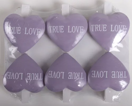 DEKOR FA CSIPESZ SZETT ZACSKÓBAN, POLIREZIN SZÍVVEL, 6 DARABOS, TRUE LOVE FELIRATTAL, LILA