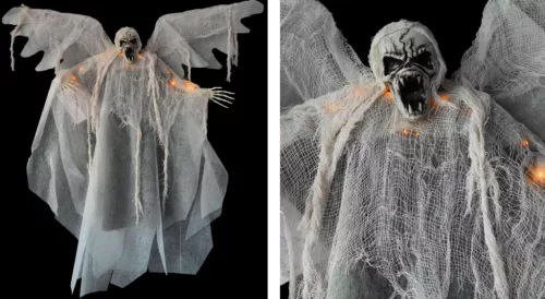 HALLOWEENI FÜGGŐ DEKORÁCIÓ, SIKOLY, VILÁGÍTÓS, FEHÉR