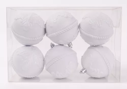 KARÁCSONYI DÍSZ, GÖMB LEVÉL MINTÁS, SZETTBEN, PVC DOBOZBAN, 6 DARABOS, FEHÉR