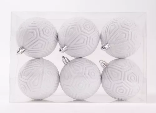 KARÁCSONYI DÍSZ, GÖMB RUSZTIKUS, SZETTBEN, PVC DOBOZBAN, 6 DARABOS, FEHÉR