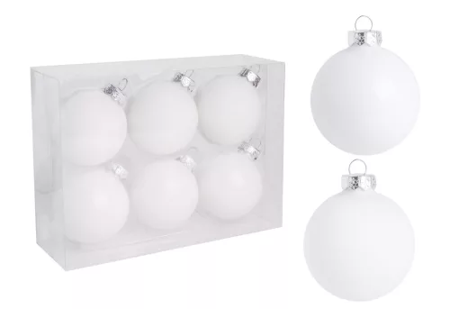 ÜVEG KARÁCSONYI DÍSZ, GÖMB, 6 DARABOS SZETT, PVC DOBOZBAN, FEHÉR