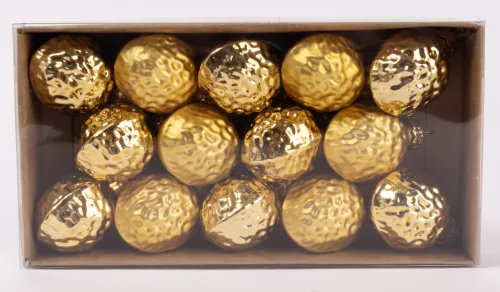 ÜVEG KARÁCSONYI DÍSZ, DIÓ, 14 DARABOS SZETT, DOBOZBAN, ARANY